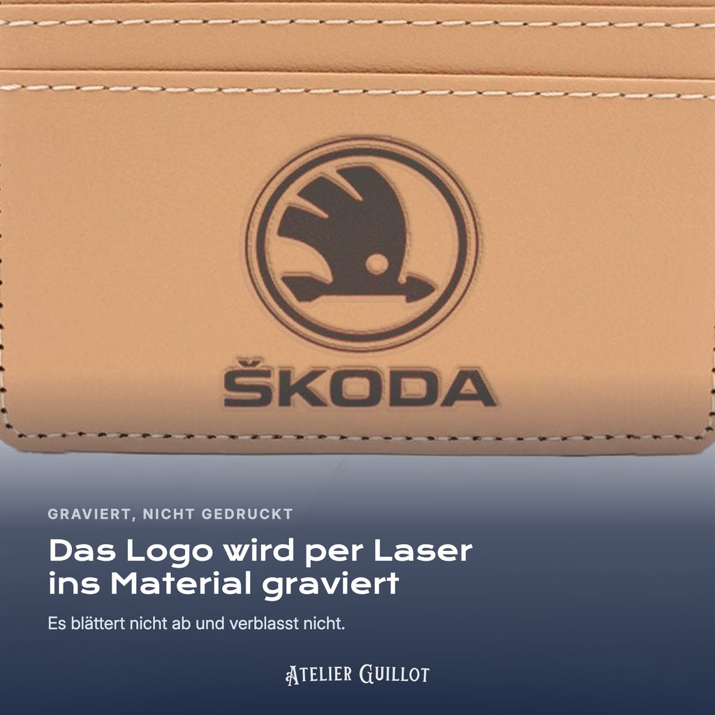 Logo Skoda, per Laser in Kunstleder graviert