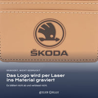 Logo Skoda, per Laser in Kunstleder graviert