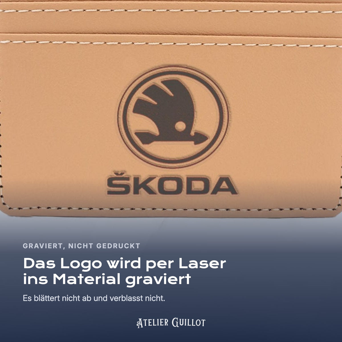 Logo Skoda, per Laser in Kunstleder graviert