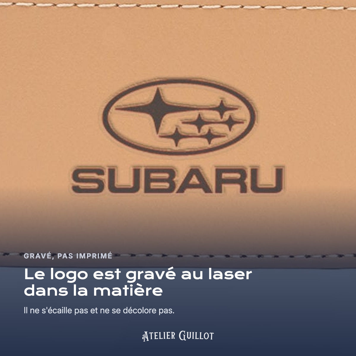Logo Subaru gravé au laser dans le simili cuir