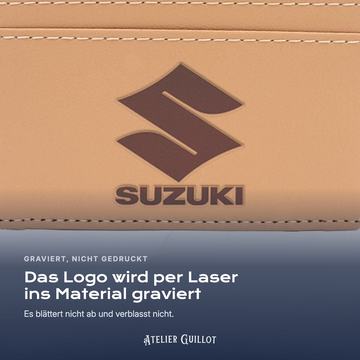 Logo Suzuki, per Laser in Kunstleder graviert