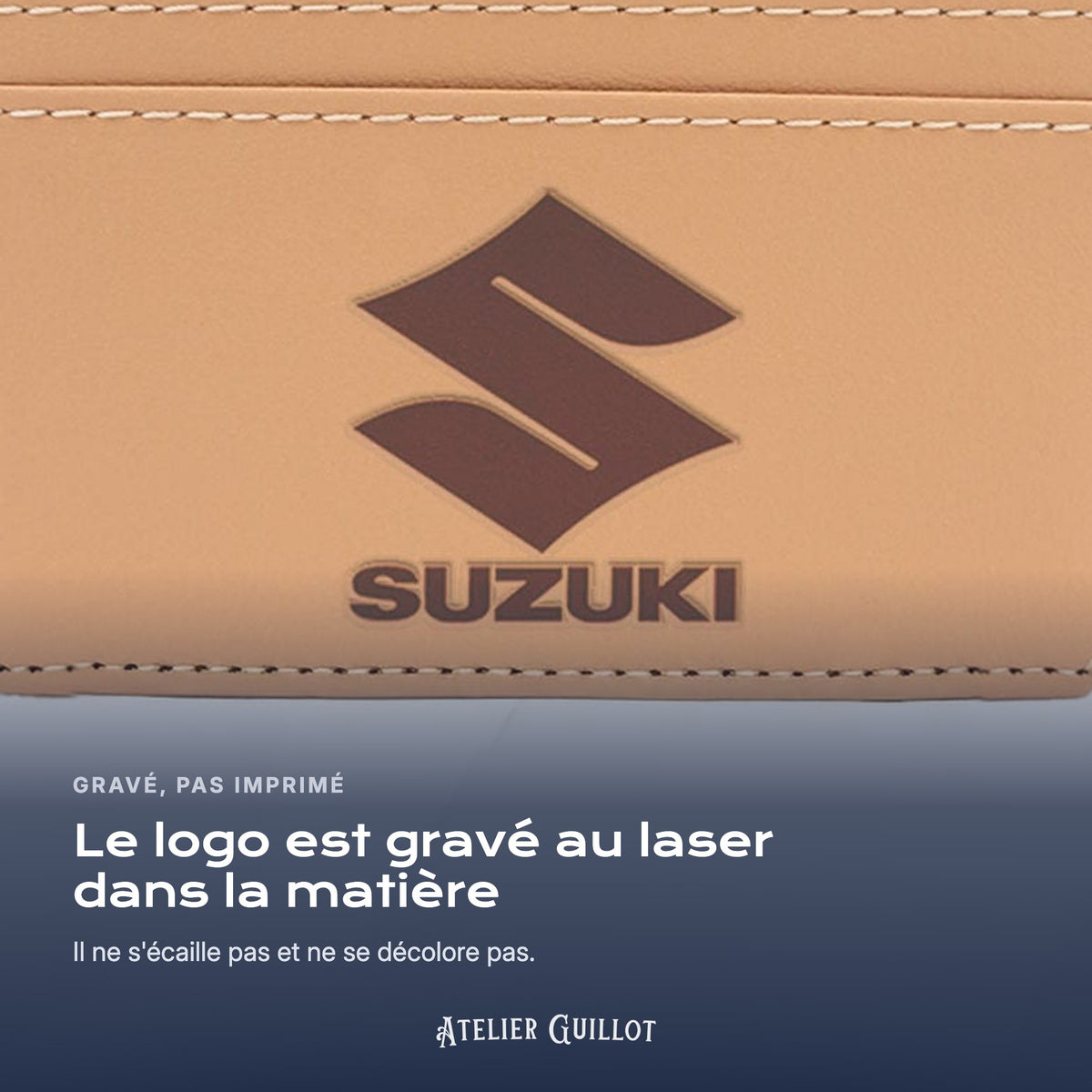 Logo Suzuki gravé au laser dans le simili cuir