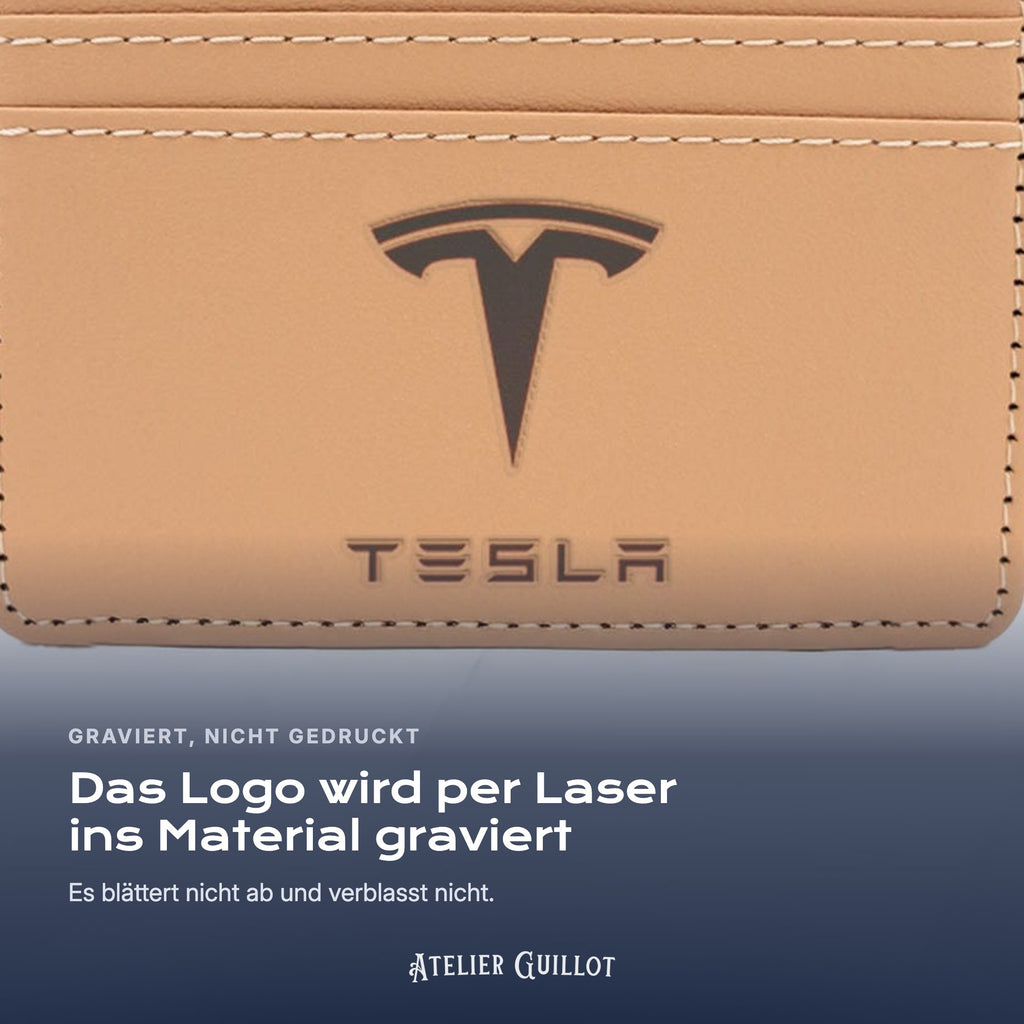 Logo Tesla, per Laser in Kunstleder graviert