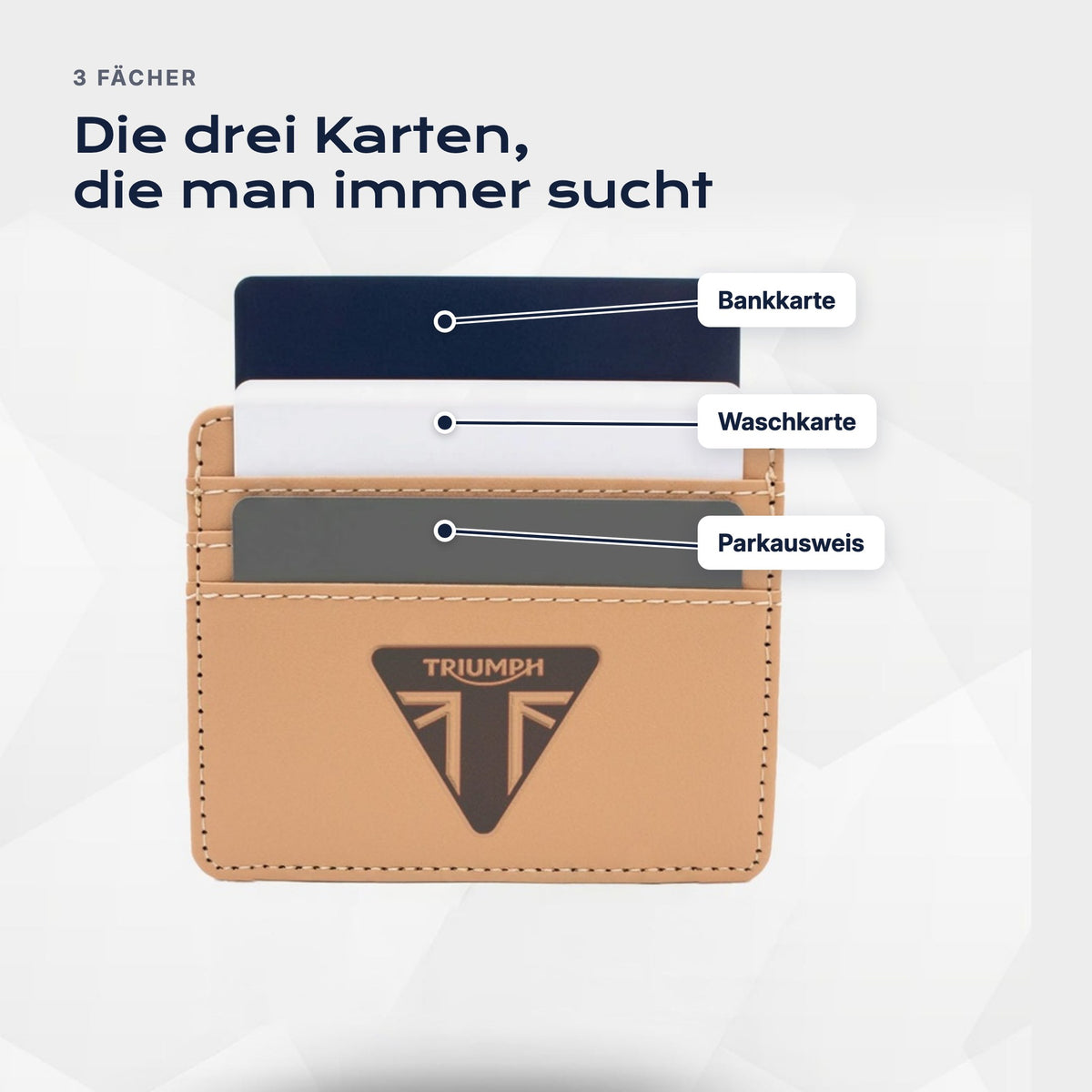 Drei Fächer: Bankkarte, Waschkarte, Parkausweis