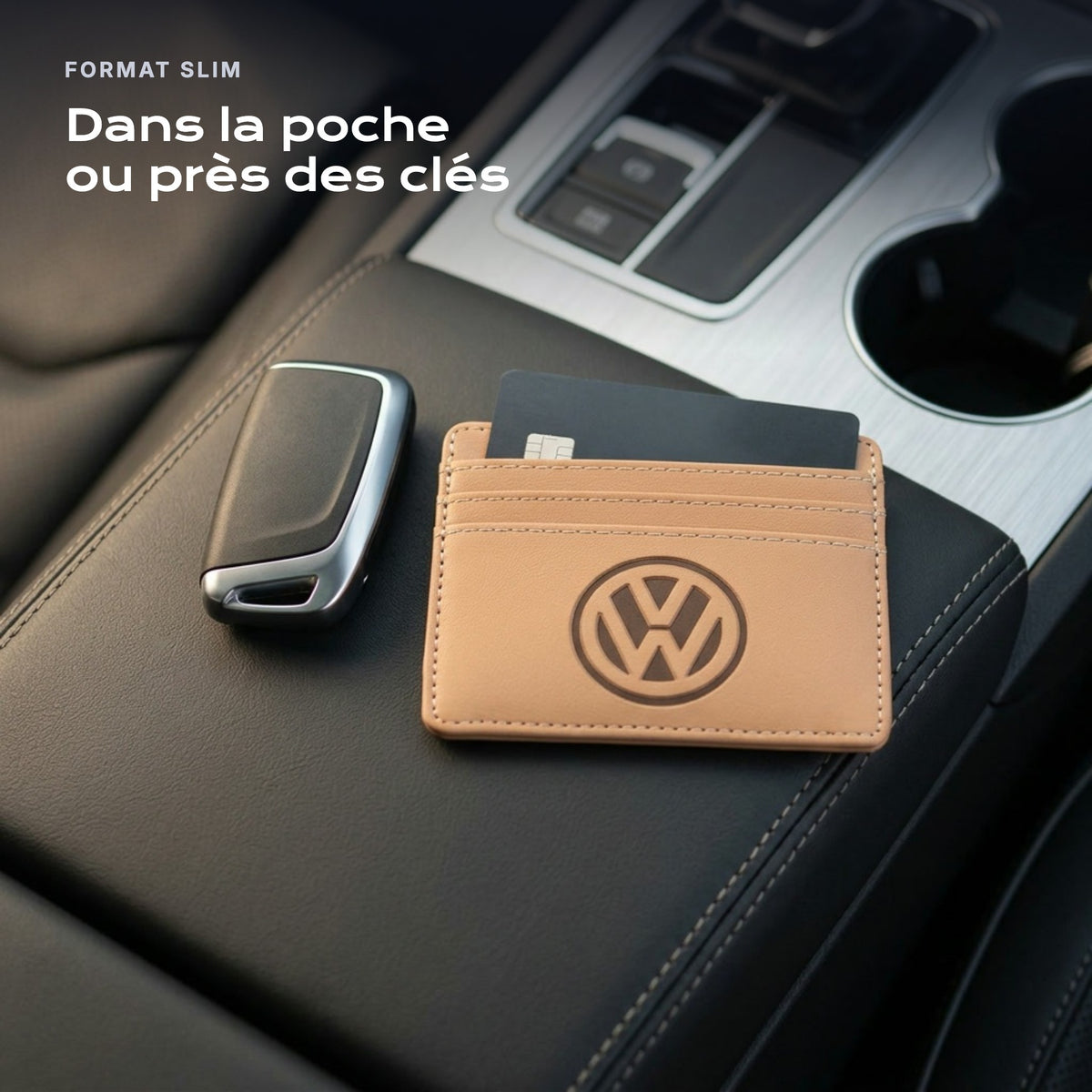 Porte-carte bancaire Volkswagen près d'une clé, format slim