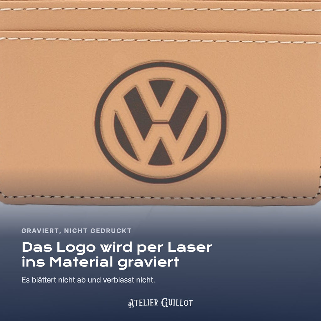 Logo Volkswagen, per Laser in Kunstleder graviert