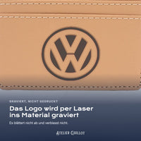 Logo Volkswagen, per Laser in Kunstleder graviert