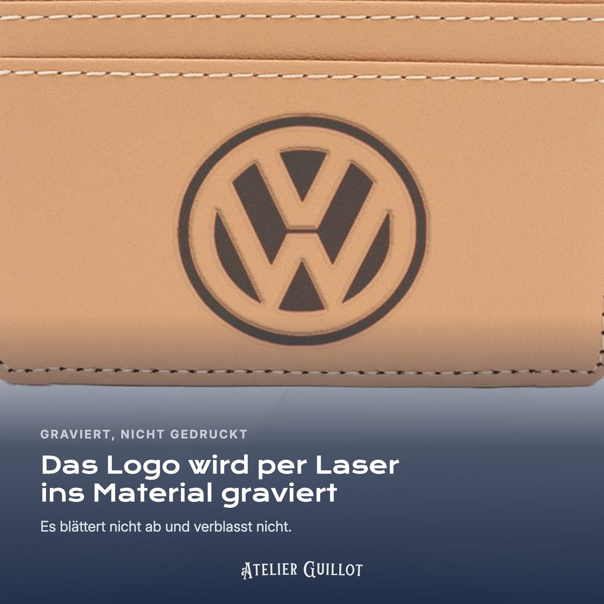 Logo Volkswagen, per Laser in Kunstleder graviert