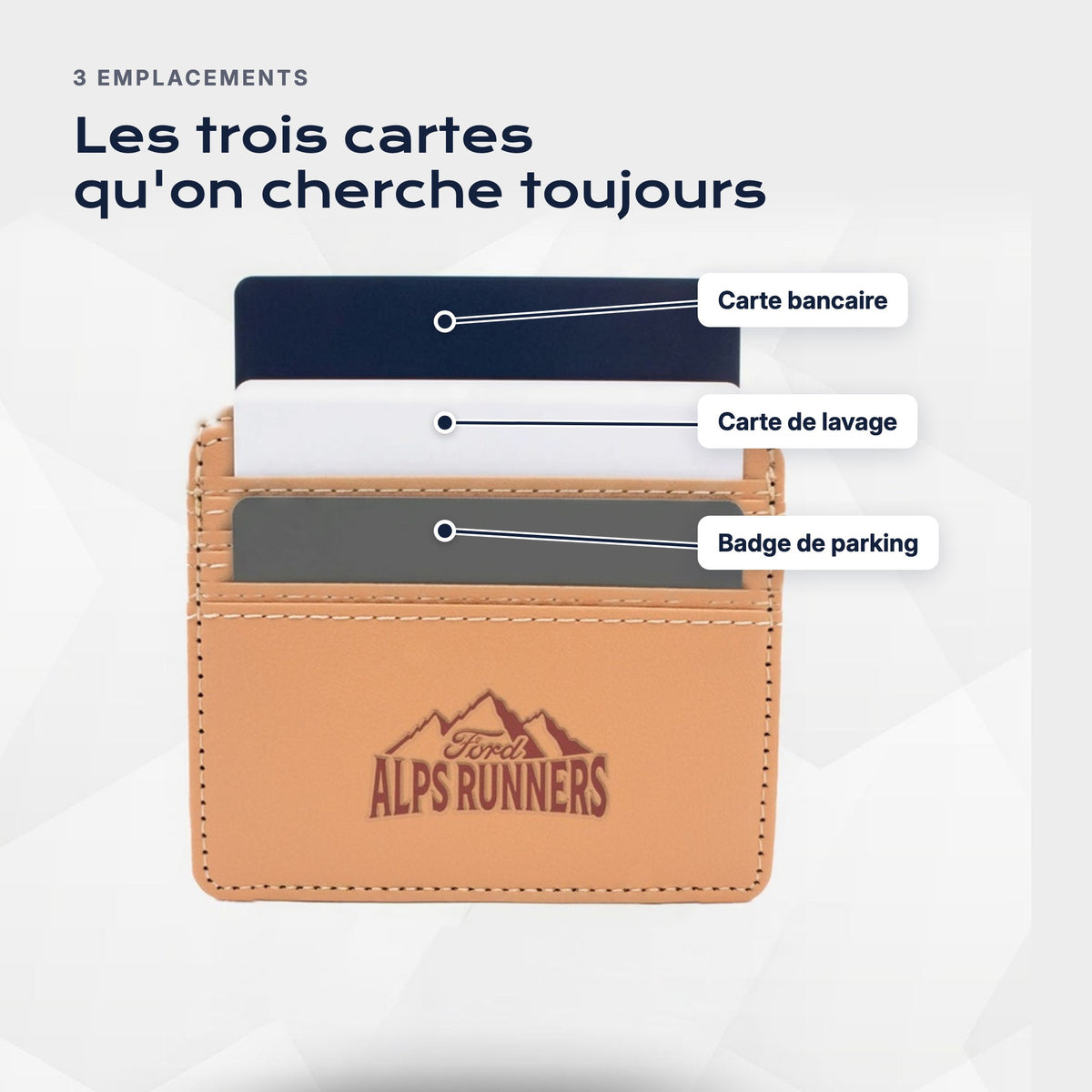 Trois emplacements : carte bancaire, carte de lavage, badge de parking