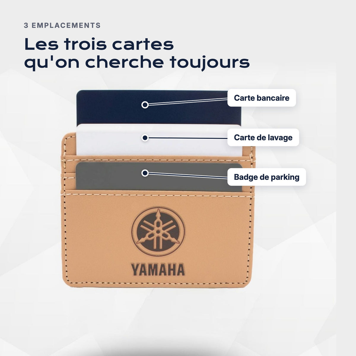 Trois emplacements : carte bancaire, carte de lavage, badge de parking