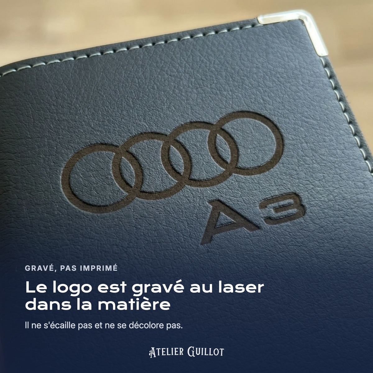 Logo Audi A3 gravé au laser dans le simili cuir