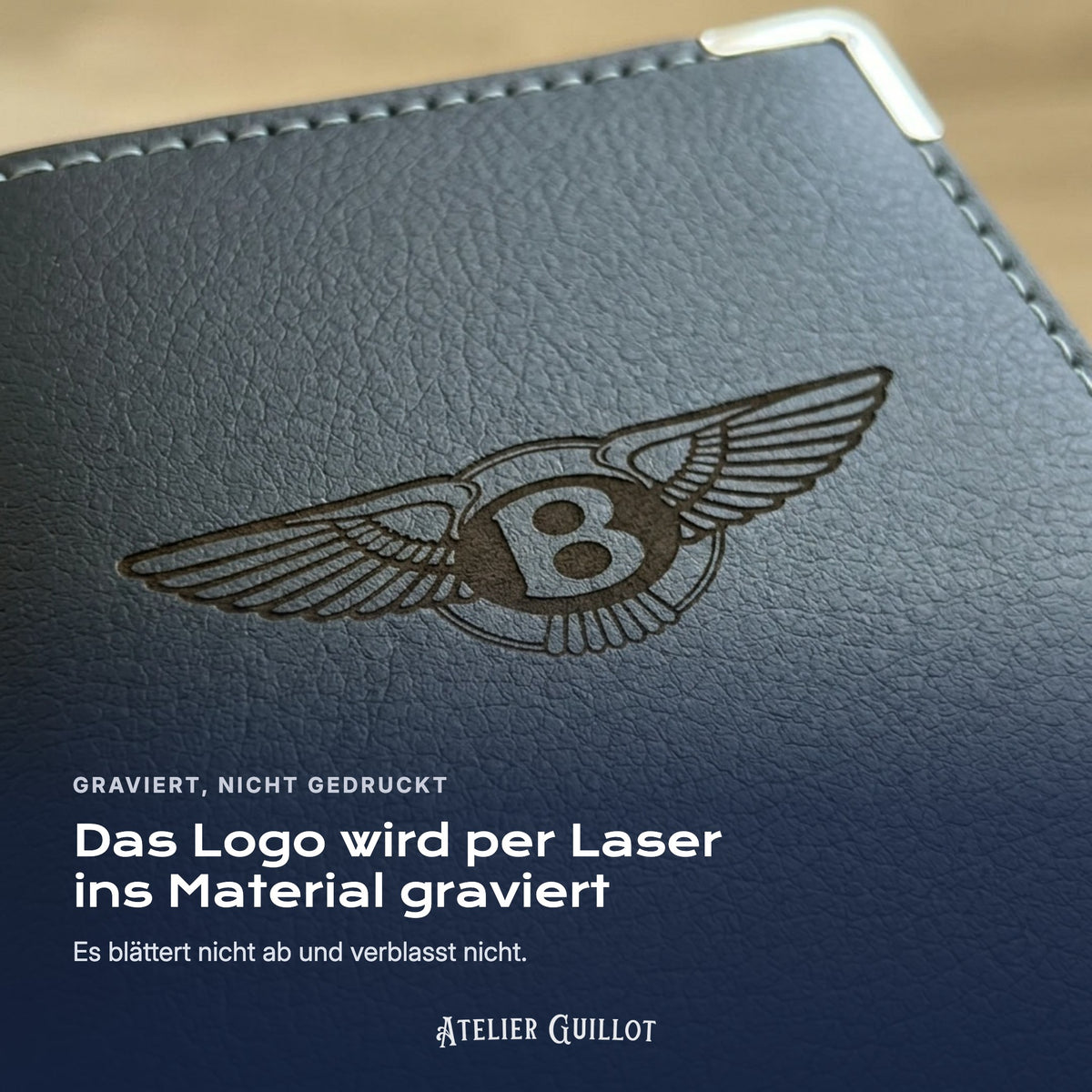 Logo Bentley, per Laser in Kunstleder graviert