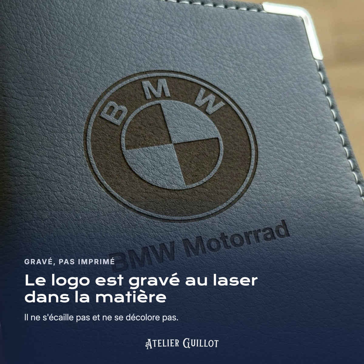 Logo BMW Motorrad gravé au laser dans le simili cuir