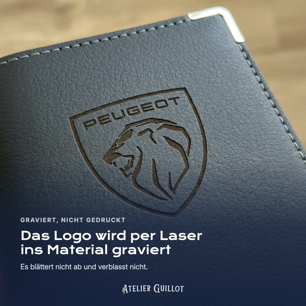 Logo Peugeot, per Laser in Kunstleder graviert