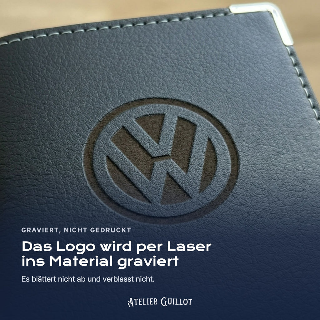 Logo Volkswagen, per Laser in Kunstleder graviert