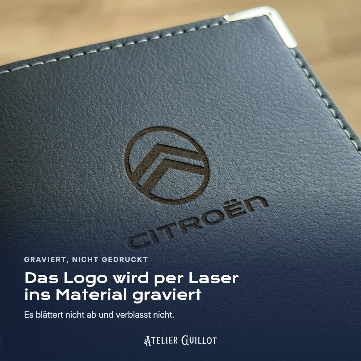 Logo Citroën, per Laser in Kunstleder graviert