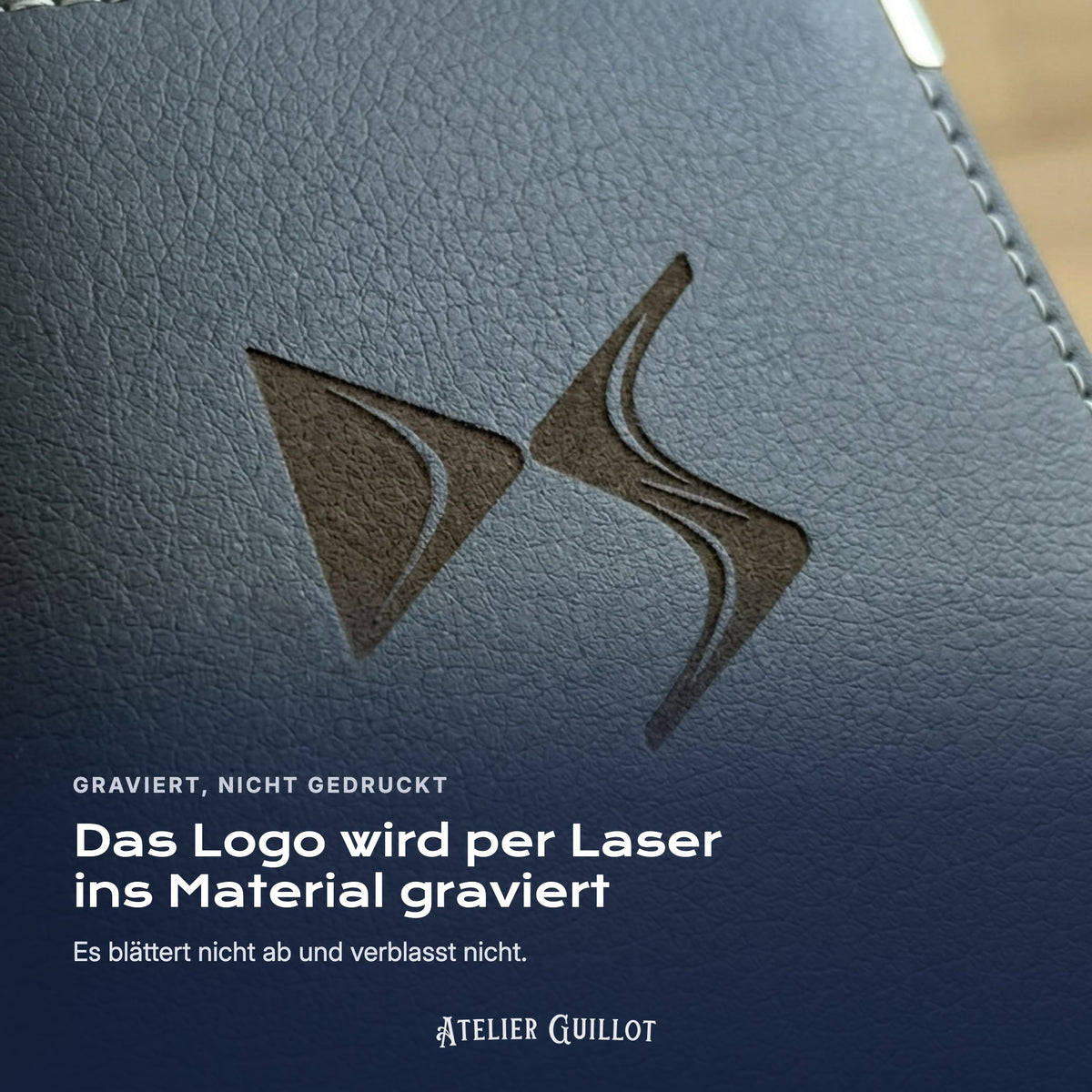 Logo DS Automobiles, per Laser in Kunstleder graviert