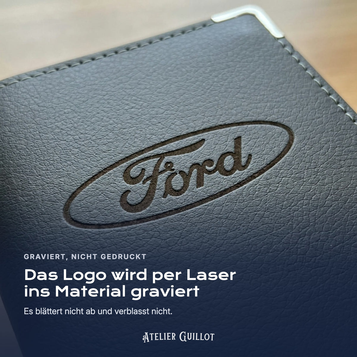 Logo Ford, per Laser in Kunstleder graviert