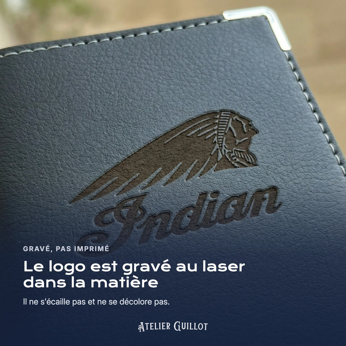 Logo Indian Motorcycle gravé au laser dans le simili cuir