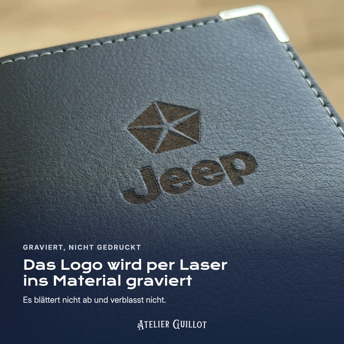 Logo Jeep, per Laser in Kunstleder graviert