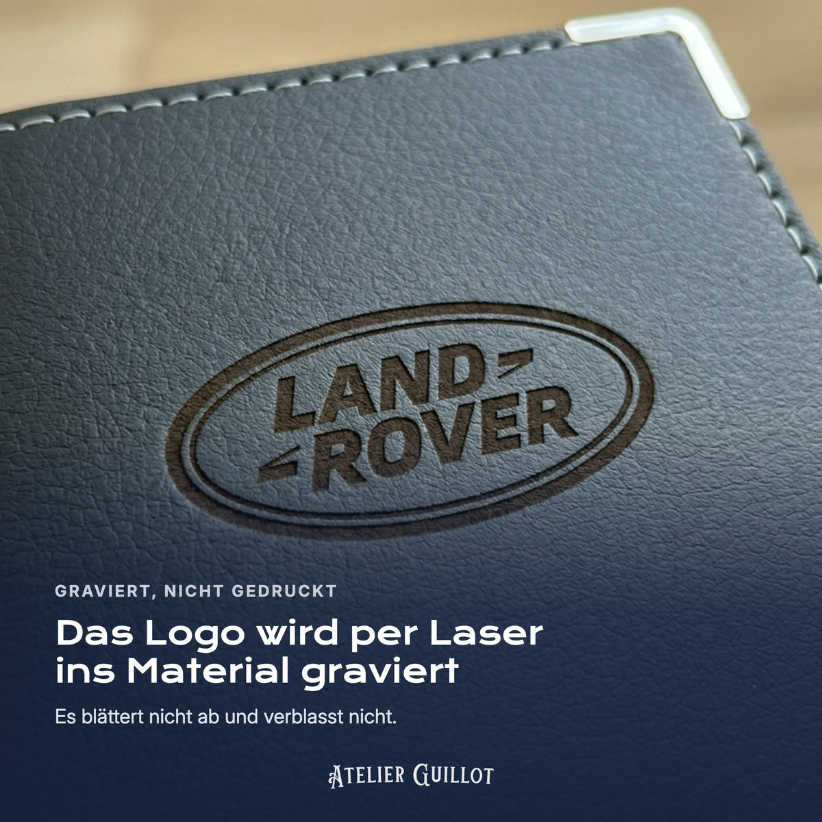 Logo Land Rover, per Laser in Kunstleder graviert