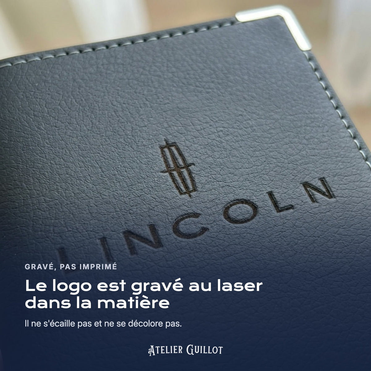 Logo Lincoln gravé au laser dans le simili cuir