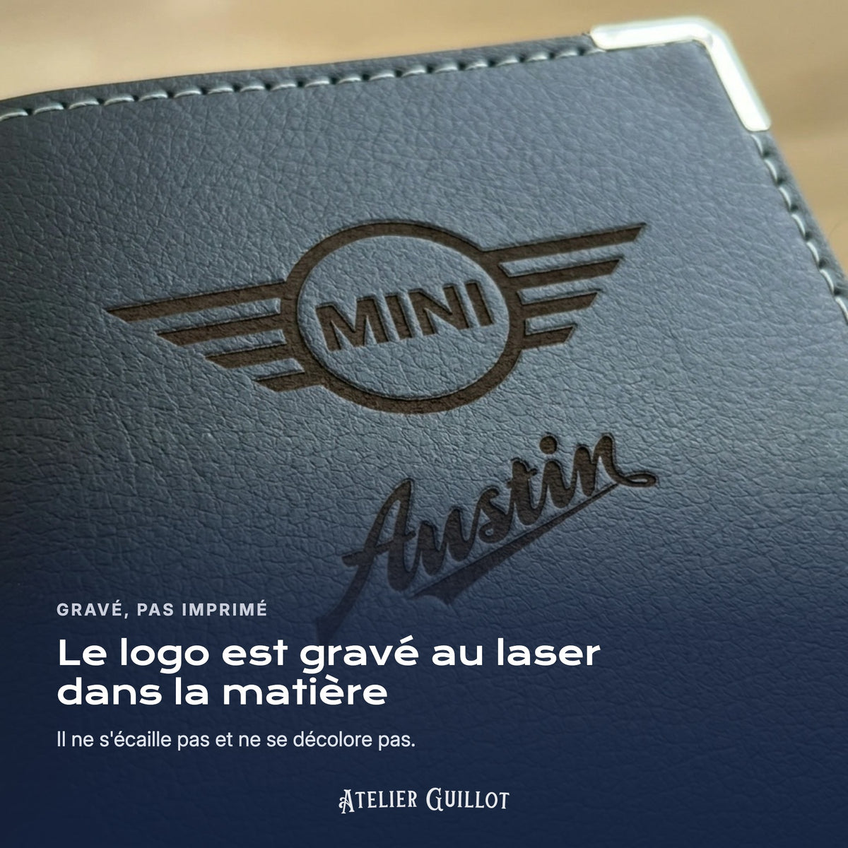 Logo Mini Cooper Austin gravé au laser dans le simili cuir