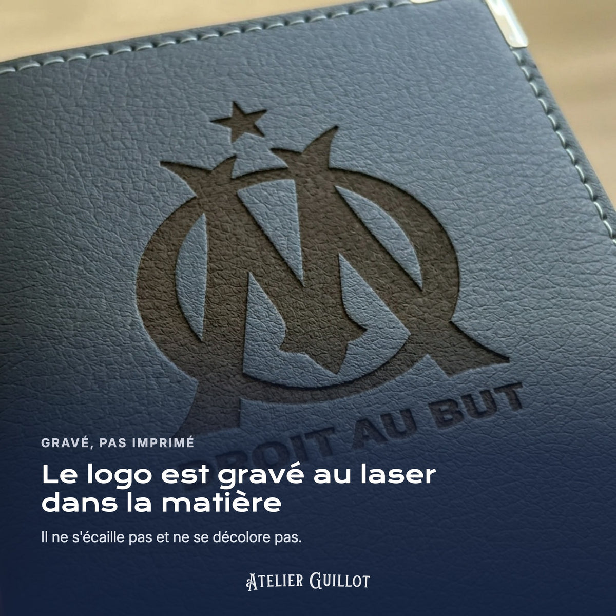Logo Olympique de Marseille gravé au laser dans le simili cuir