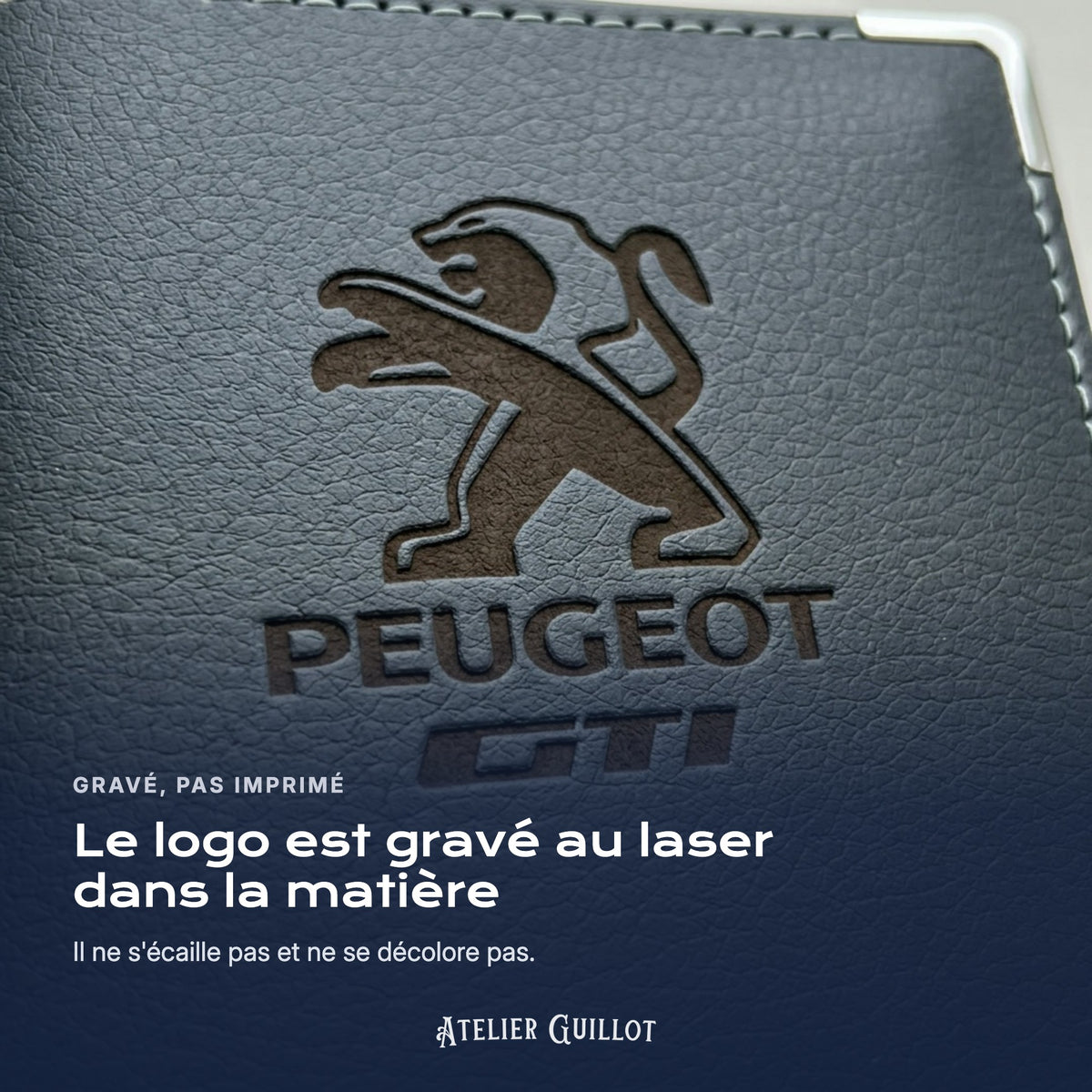Logo Peugeot GTI gravé au laser dans le simili cuir