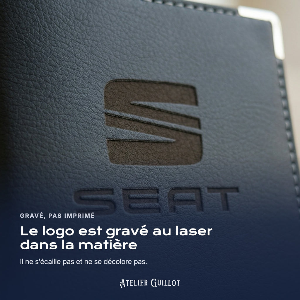 Logo SEAT gravé au laser dans le simili cuir