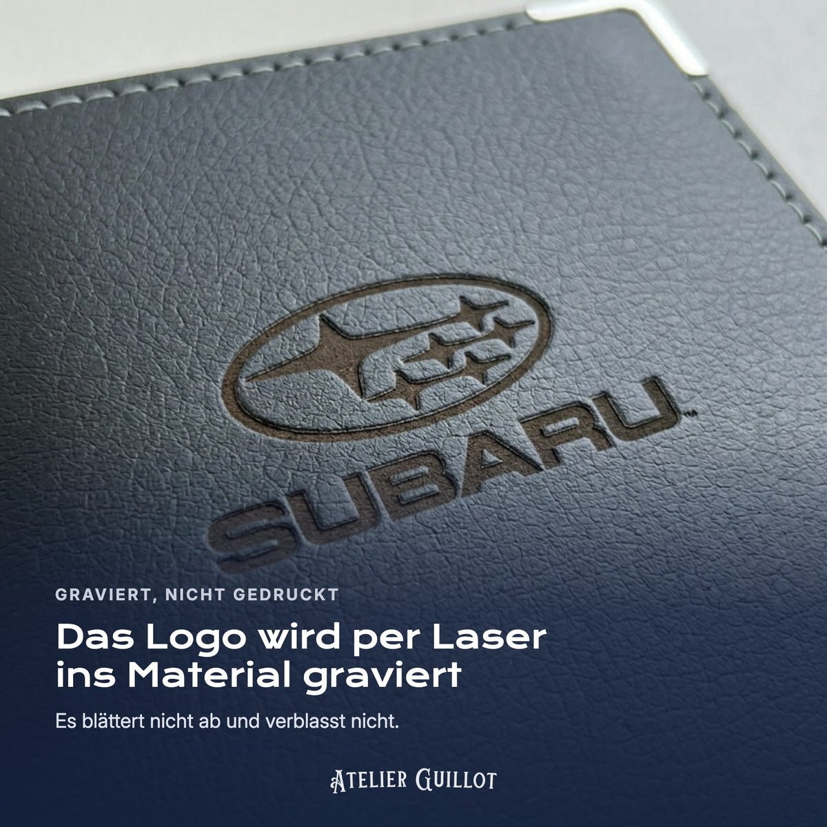 Logo Subaru, per Laser in Kunstleder graviert