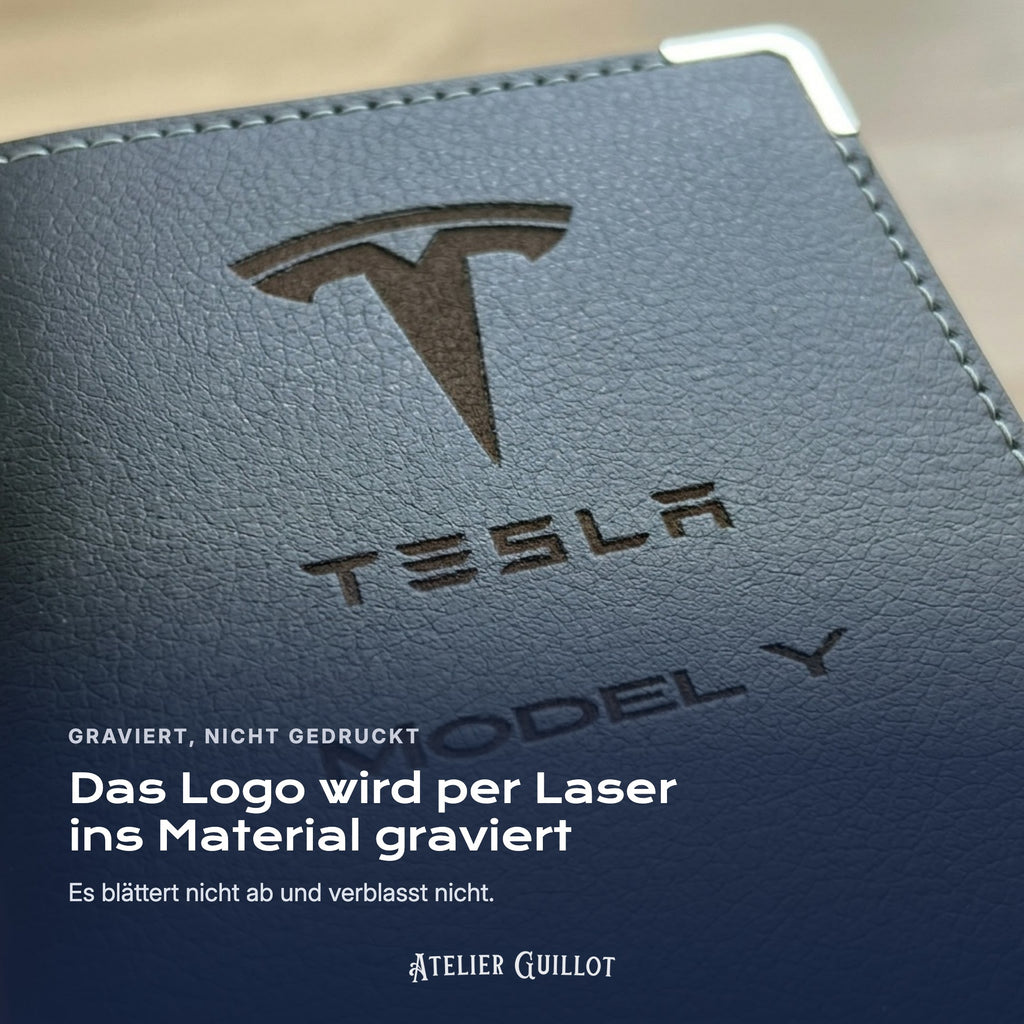 Logo Tesla Model Y, per Laser in Kunstleder graviert