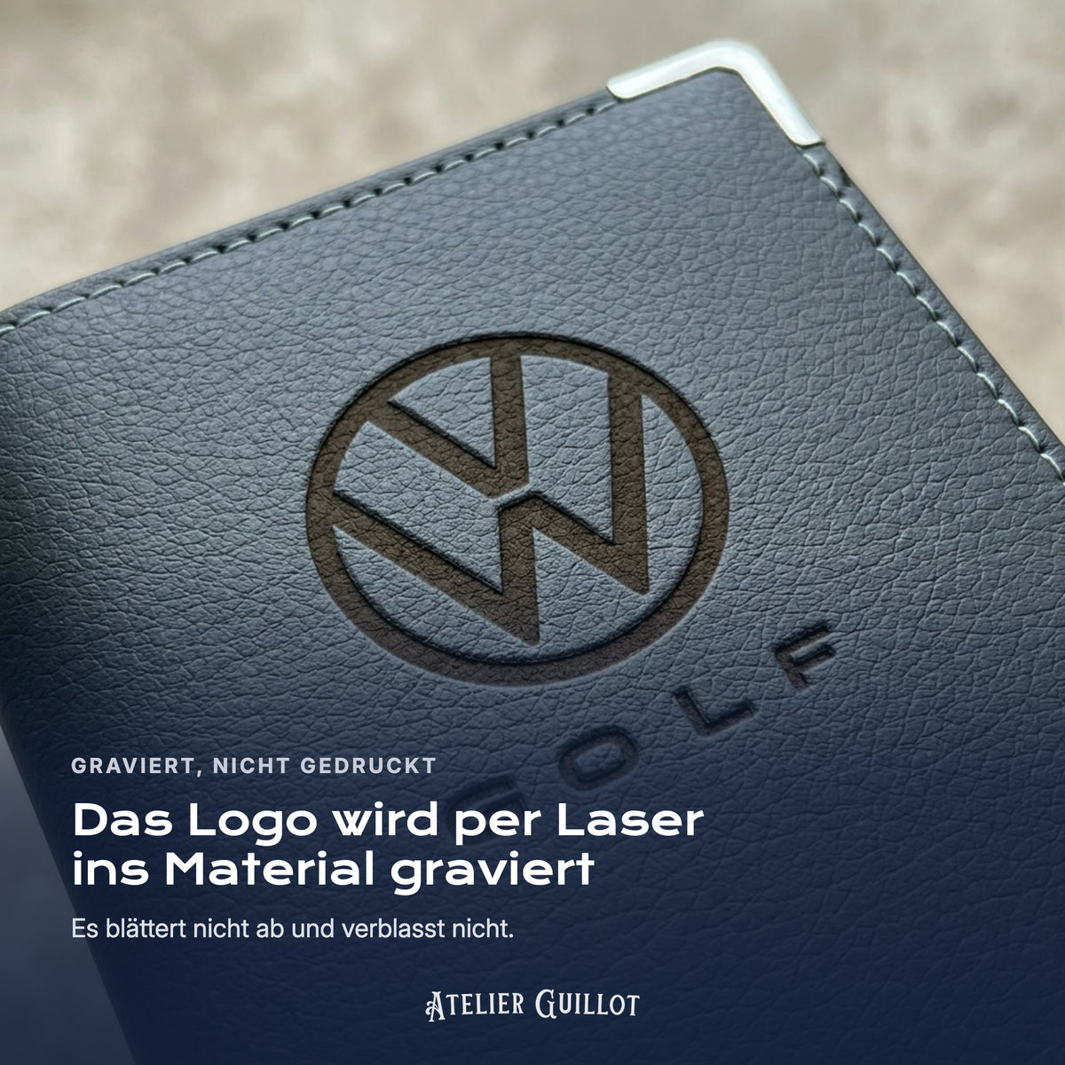 Logo Volkswagen Golf, per Laser in Kunstleder graviert