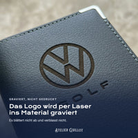 Logo Volkswagen Golf, per Laser in Kunstleder graviert