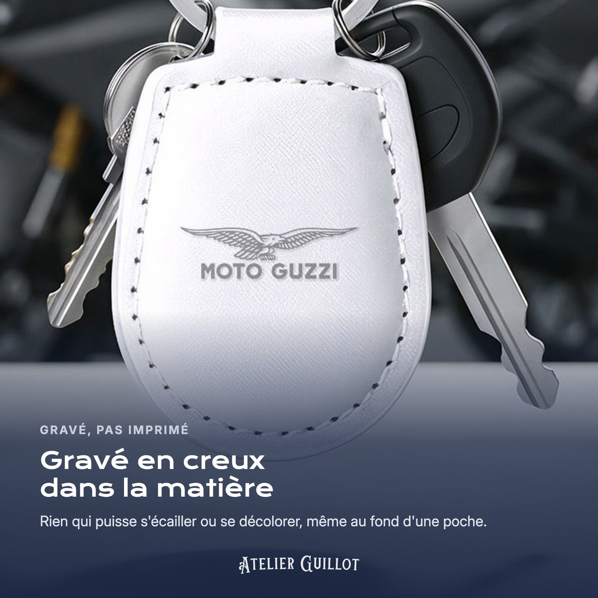 Logo Moto Guzzi gravé au laser dans le simili cuir