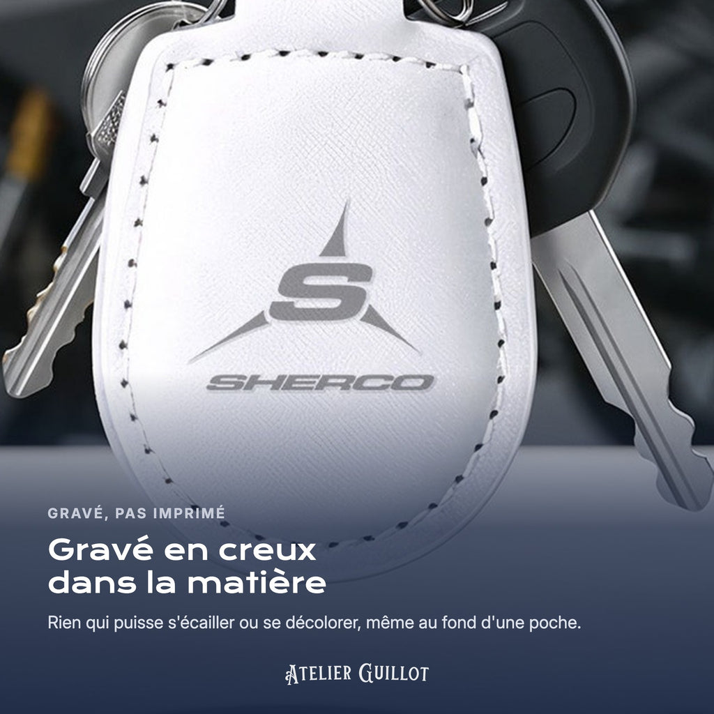 Logo Sherco gravé au laser dans le simili cuir