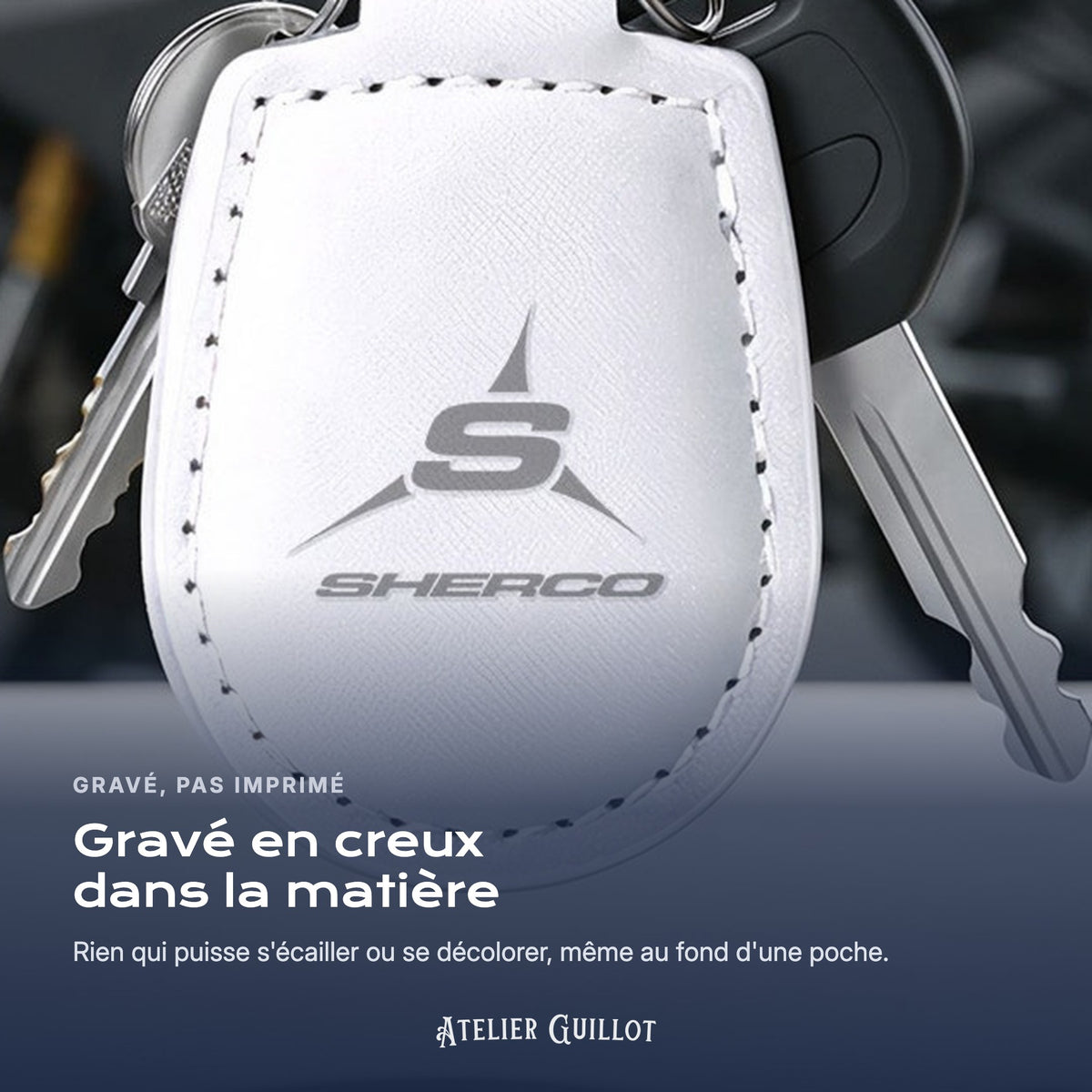 Logo Sherco gravé au laser dans le simili cuir
