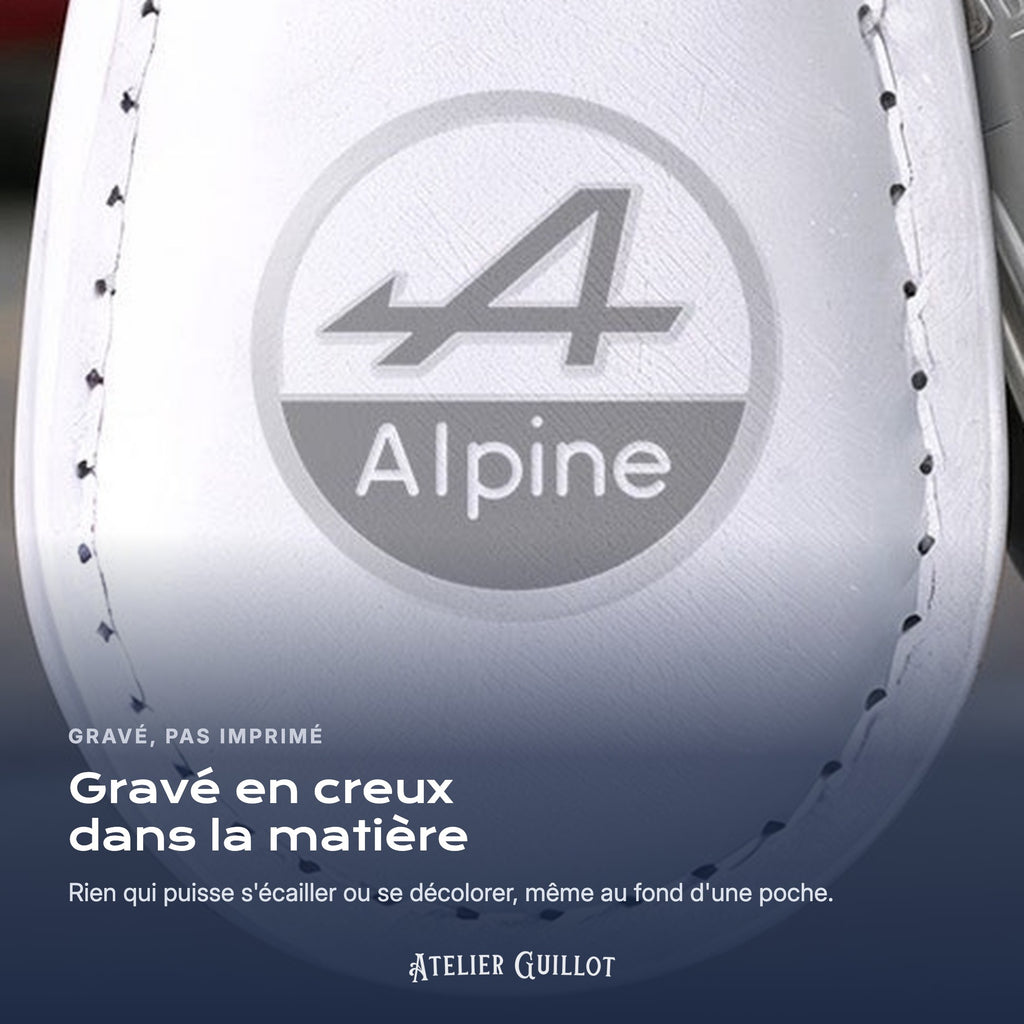 Logo Alpine gravé au laser dans le simili cuir