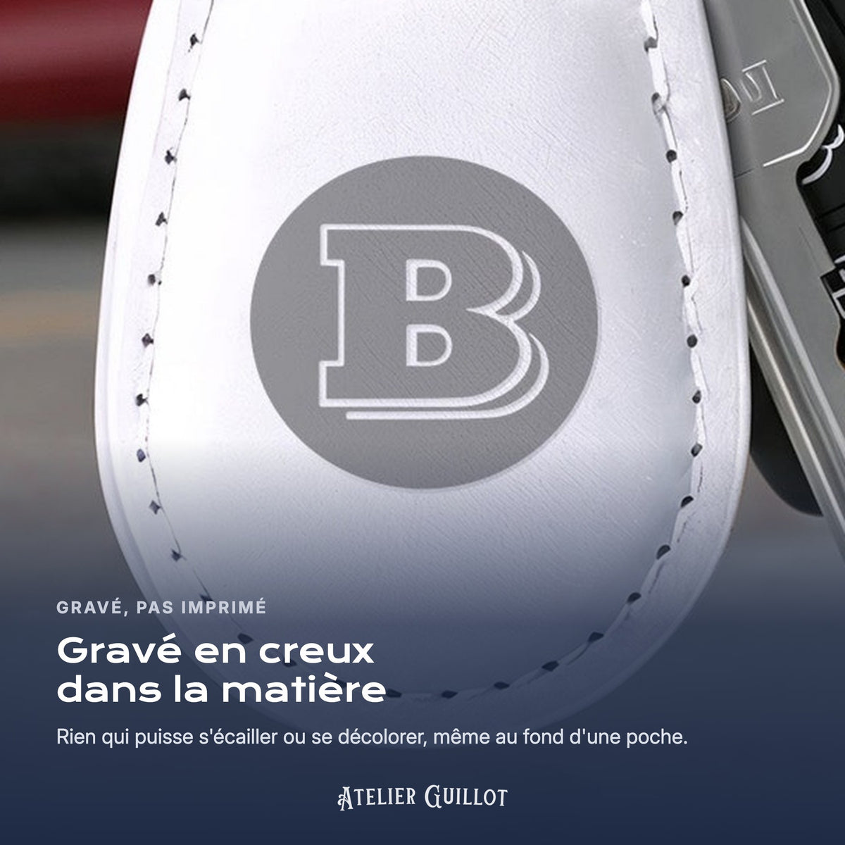 Logo Bugatti gravé au laser dans le simili cuir