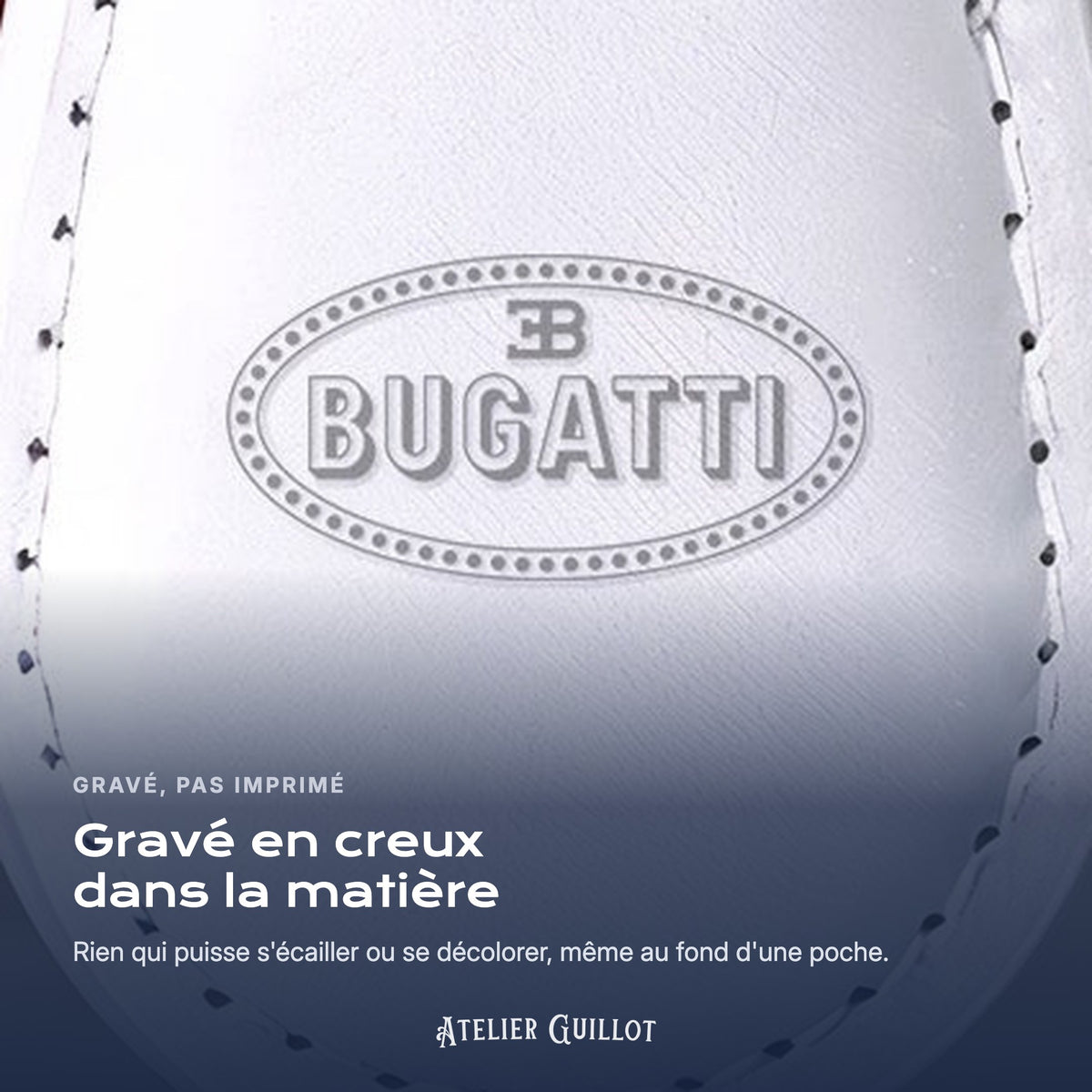 Logo Bugatti gravé au laser dans le simili cuir