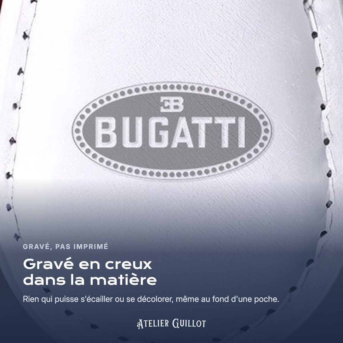 Logo Bugatti gravé au laser dans le simili cuir