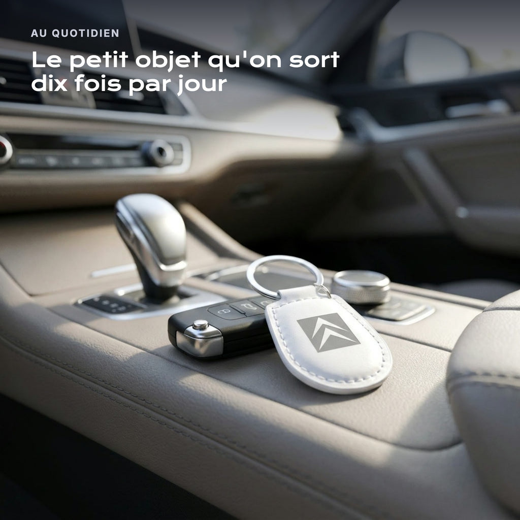 Porte-clés Citroën gravé, accroché à une clé