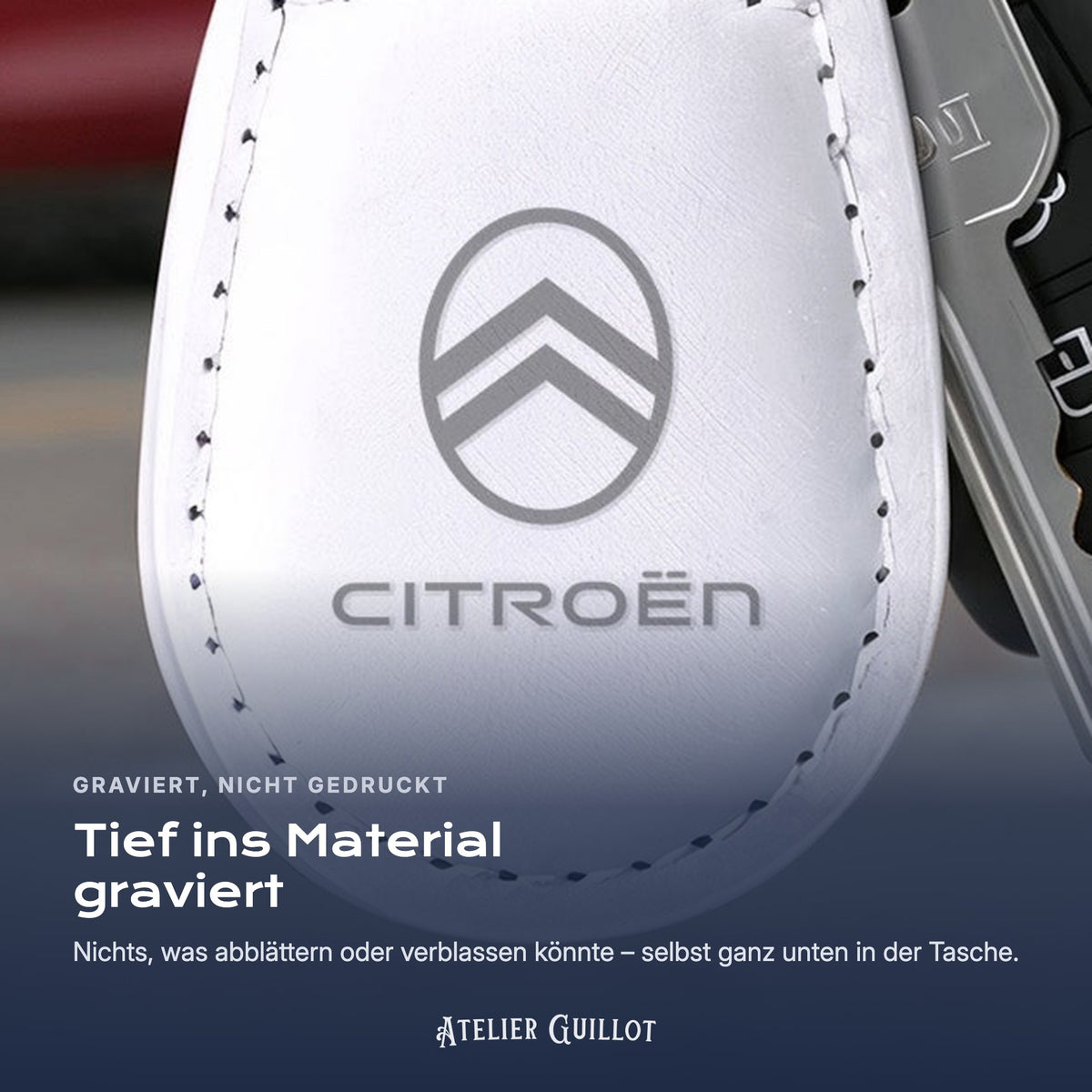 Logo Citroën, per Laser in Kunstleder graviert