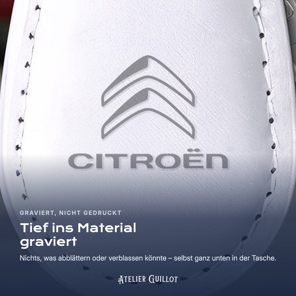 Logo Citroën, per Laser in Kunstleder graviert
