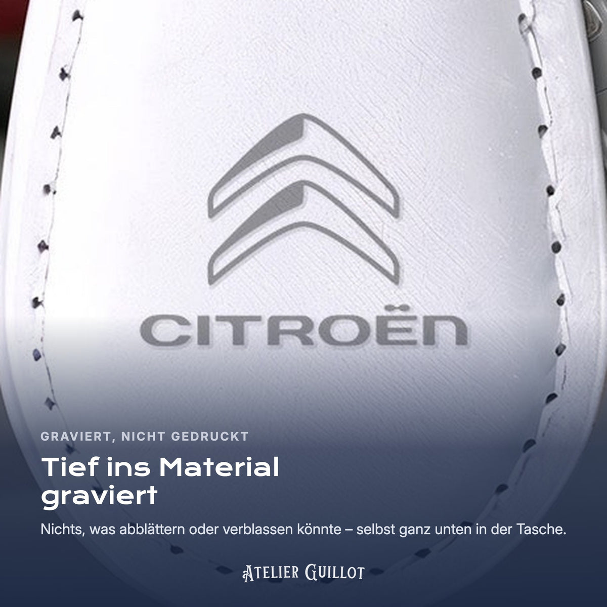 Logo Citroën, per Laser in Kunstleder graviert