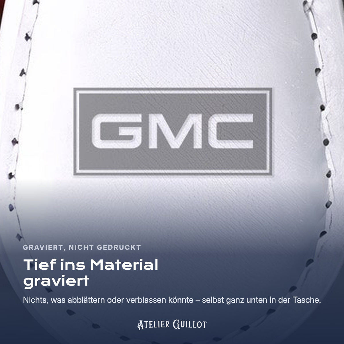 Logo GMC, per Laser in Kunstleder graviert