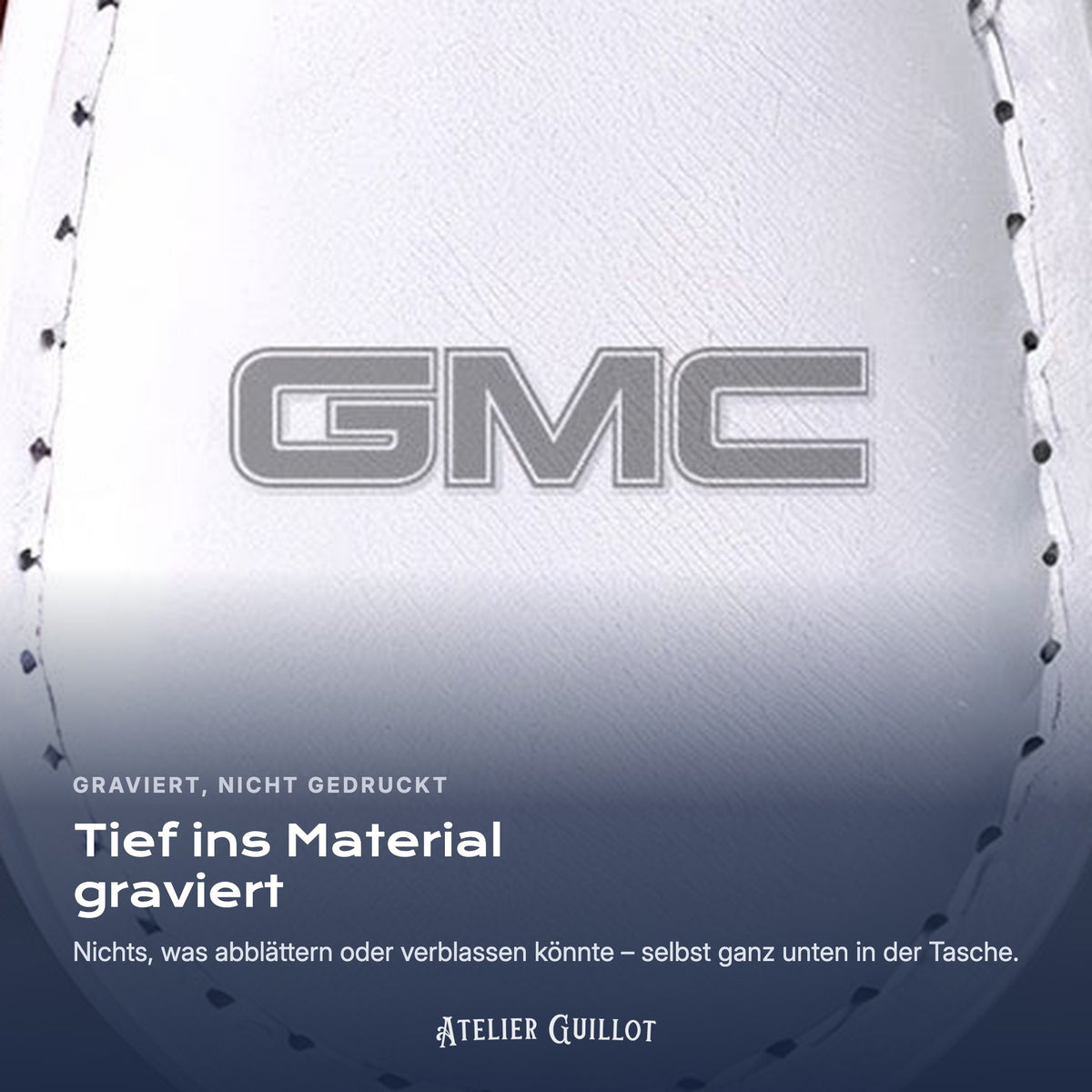 Logo GMC, per Laser in Kunstleder graviert