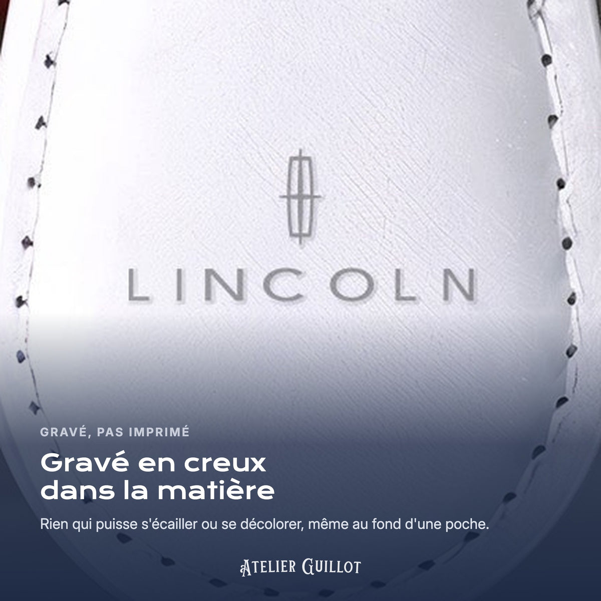 Logo Lincoln gravé au laser dans le simili cuir