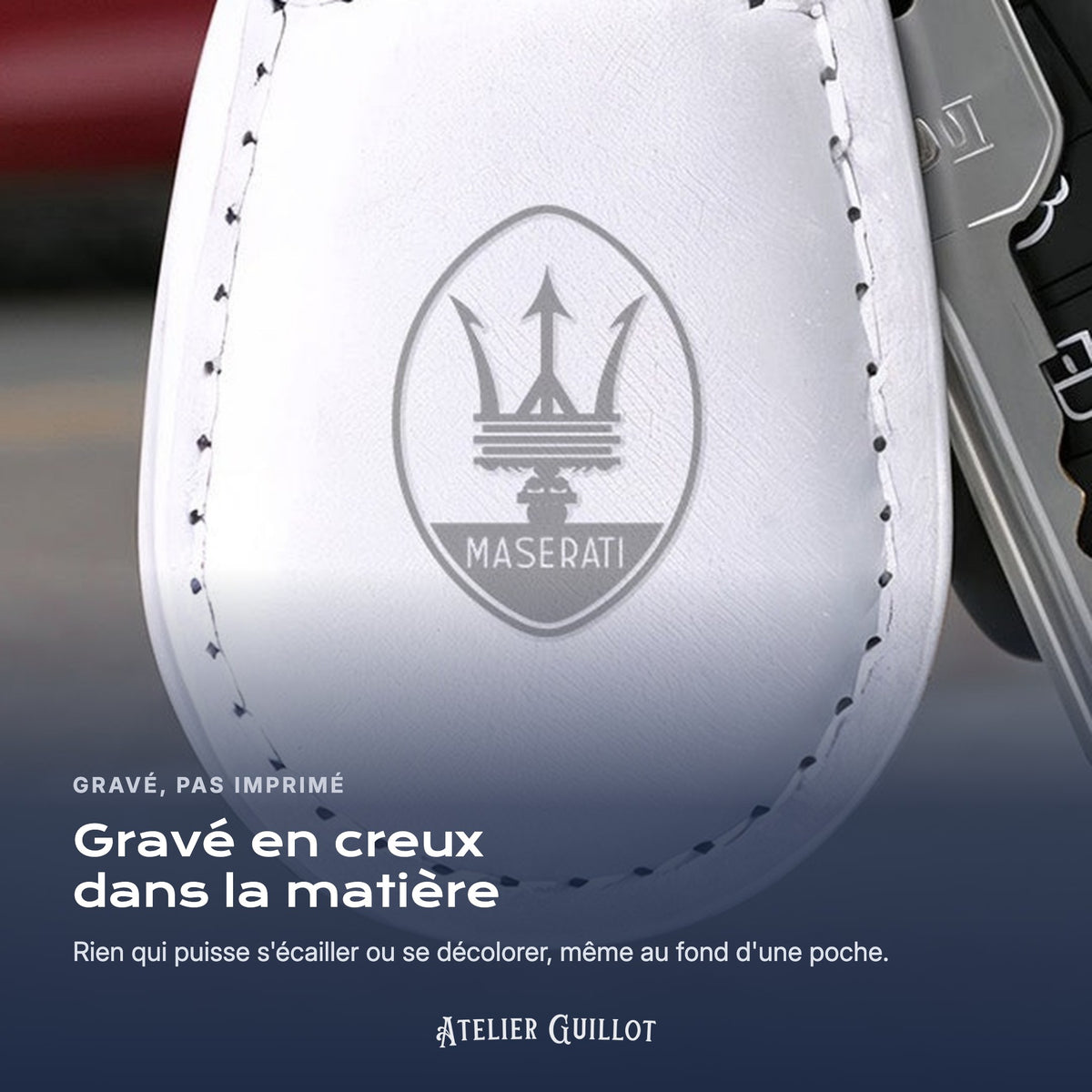 Logo Maserati gravé au laser dans le simili cuir