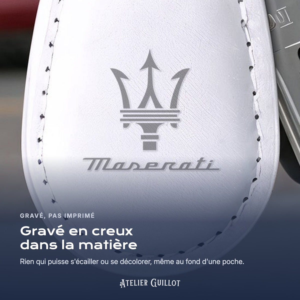 Logo Maserati gravé au laser dans le simili cuir